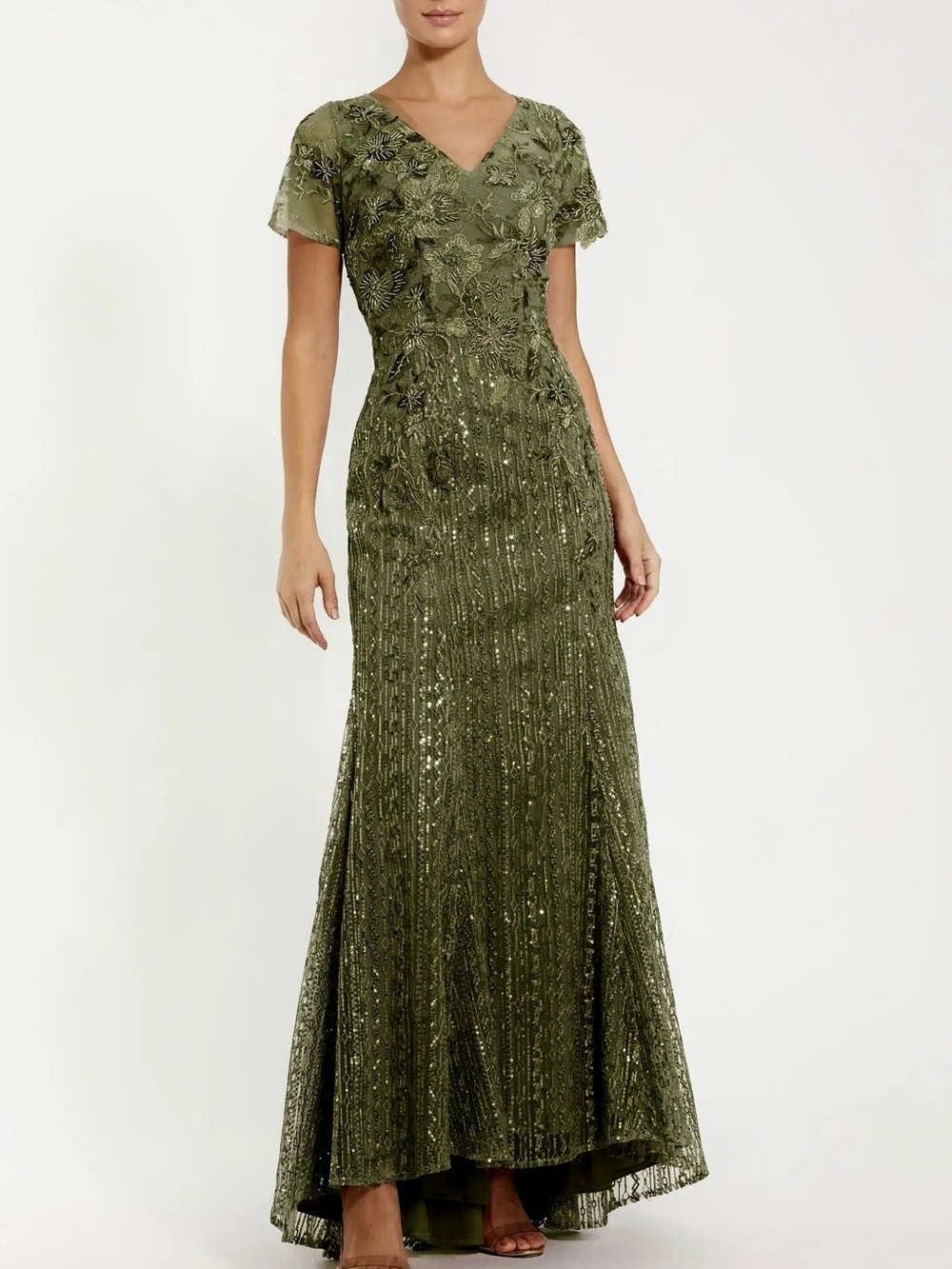 MAC DUGGAL 20282 Embellished V Neck Cap Sleeve Trumpet Gown Green Maxi Dress